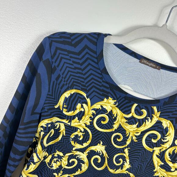 J. McLaughlin Dark Blue Black Gold Flourishes 3/4 Sleeve Blouse Size Small - Picture 2 of 6